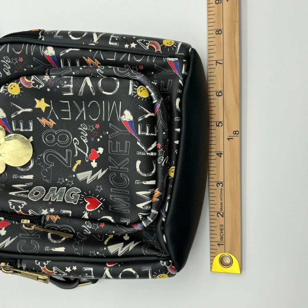 Disney Mickey Mouse Mini Backpack Black Gold‎ Lettering Pattern Print Cute